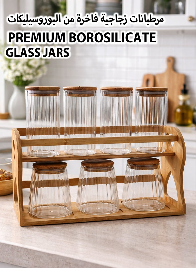 Toshionics 7-Piece Glass Spice Jar Set with Two-Tier Bamboo Rack | Borosilicate Ribbed Storage Jars with Airtight Bamboo Lids | Kitchen Countertop Organizer for Spices, Herbs & Condiments - Image 2